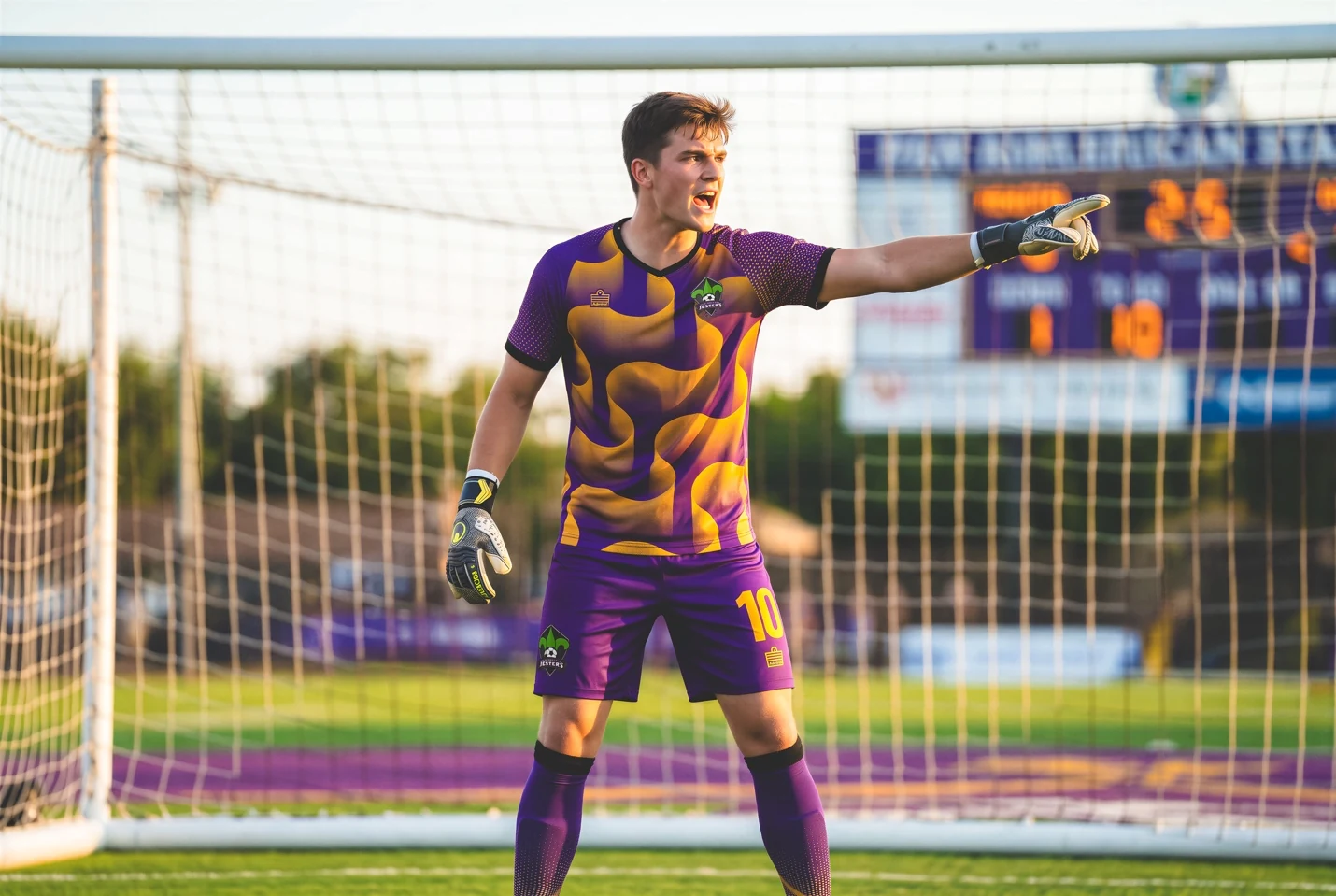 A goalkeeper wearing the purple and gold river-inspired Jesters kit